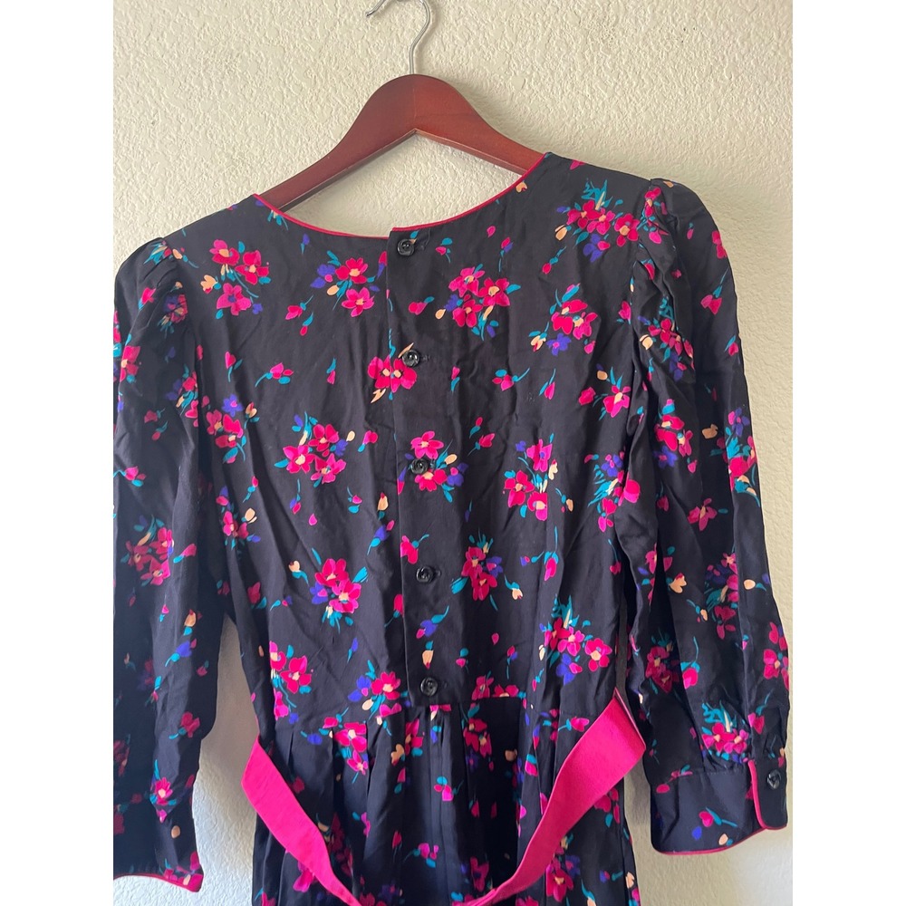 Lanz Originals Vintage Floral Midi Dress Black Fuchsia Bow Puff Sleeve Size 6 - Picture 3 of 8